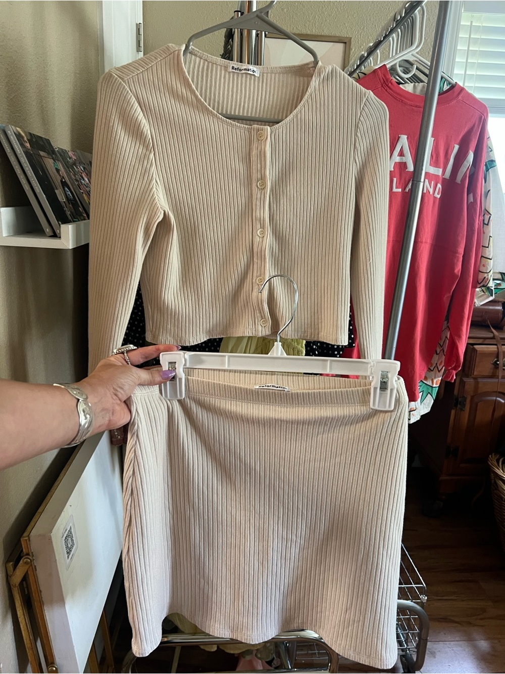 Reformation Ribbed Button-Front Crop Top & Mini Skirt in Beige
